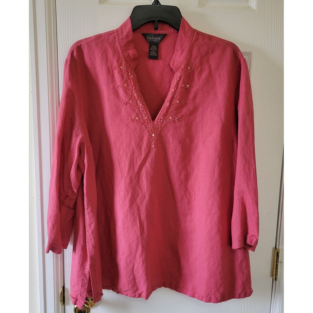 Van Heusen Top Tunic XL Coral Embellished Beaded Sequins 3/4 Sleeve‎ Linen Blend